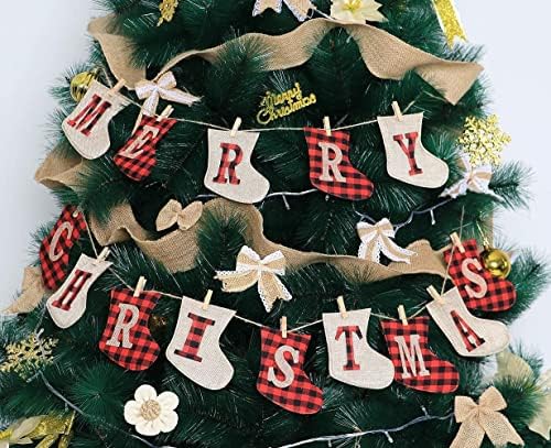 חג שמח באנר, כפרי, קישוטים לעץ חג המולד גרב קישוטים, ייחודי שנתפר ביד יוטה גרביים בצורת עץ חג המולד קישוטים, גרביים